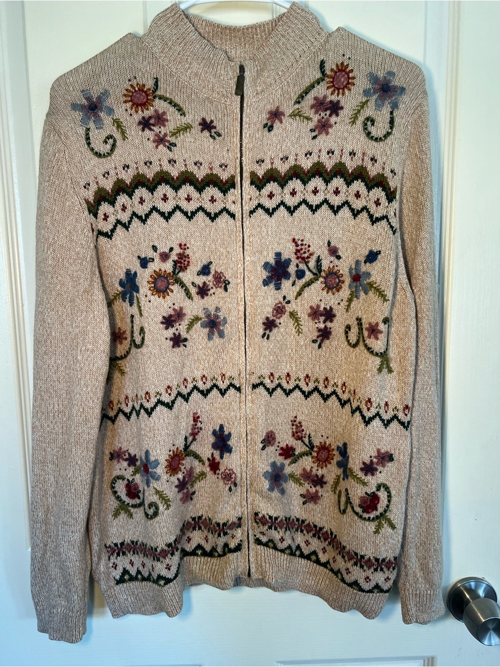 Alfred Dunner Floral Embroidered Zip Cardigan Sweater Ramie Cotton Medium